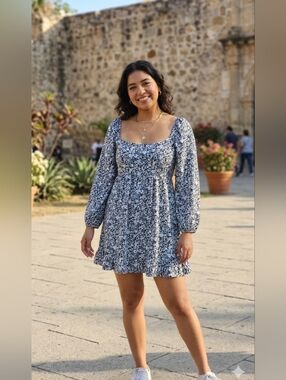 Abercrombie & Fitch Navy Floral Square-Neck Long-Sleeve Mini Dress